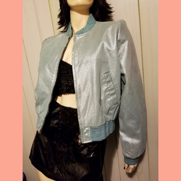 Vintage 90s AQUA Blue Glittery Metallic Leather Bomber Jacket NOS - Picture 6 of 9